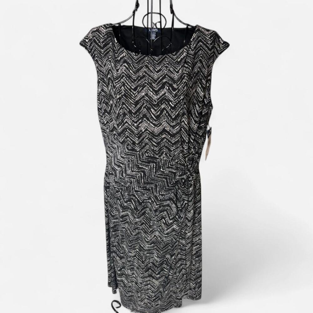 CHAPS Black White Chevron Print Faux Wrap Sheath Dress Side Ruched XL NWT